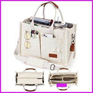 Canvas Tote Bag Zipper Closure Multi Compartments Work College Travel Essential